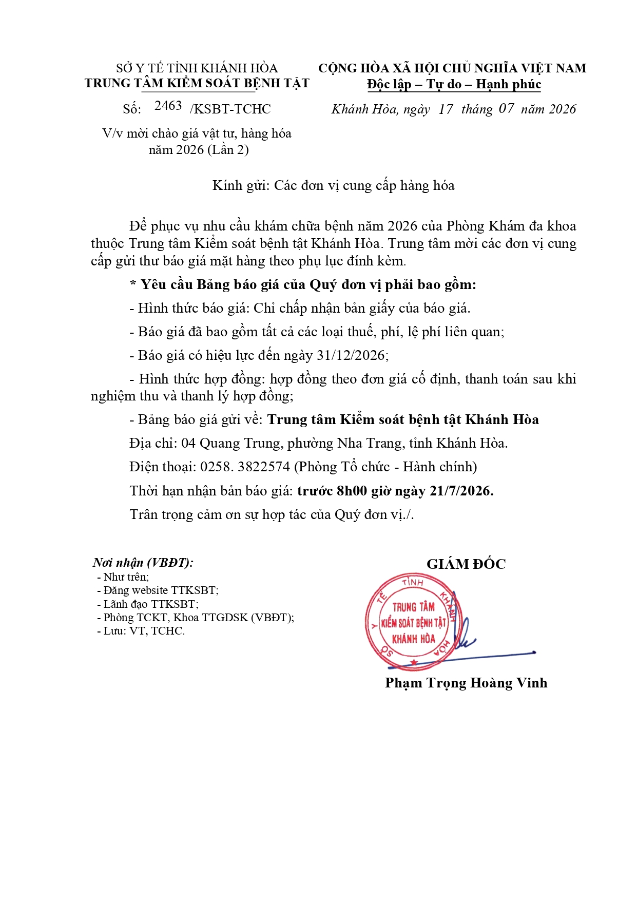 V/v mời chào giá vật tư, hàng hóa năm 2026 (Lần 2)